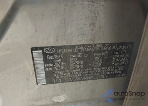 2022 Hyundai Santa Fe Sel из США, поврежденный, VIN 5NMS34AJ4NH431379